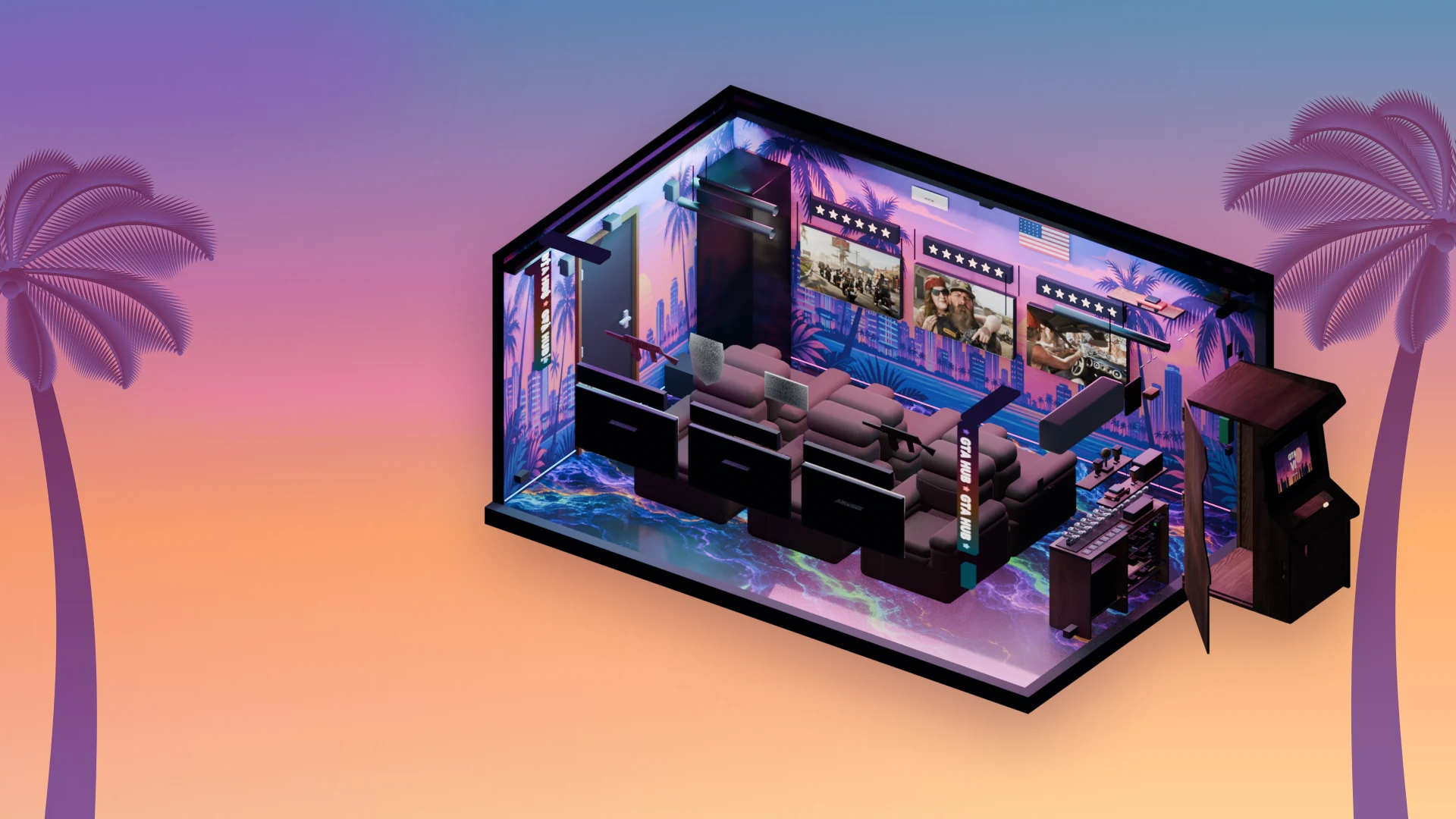 Isometric view of GTA Hub Varna: 6 gaming chairs, 6 TVs, glowing floor, the arcade machine at the entrance